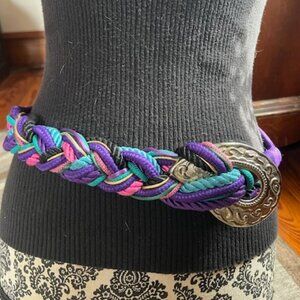 VINTAGE Leather Shop  BLK Green Purple & Gold Braided BELT w/ Big  Metal Design
